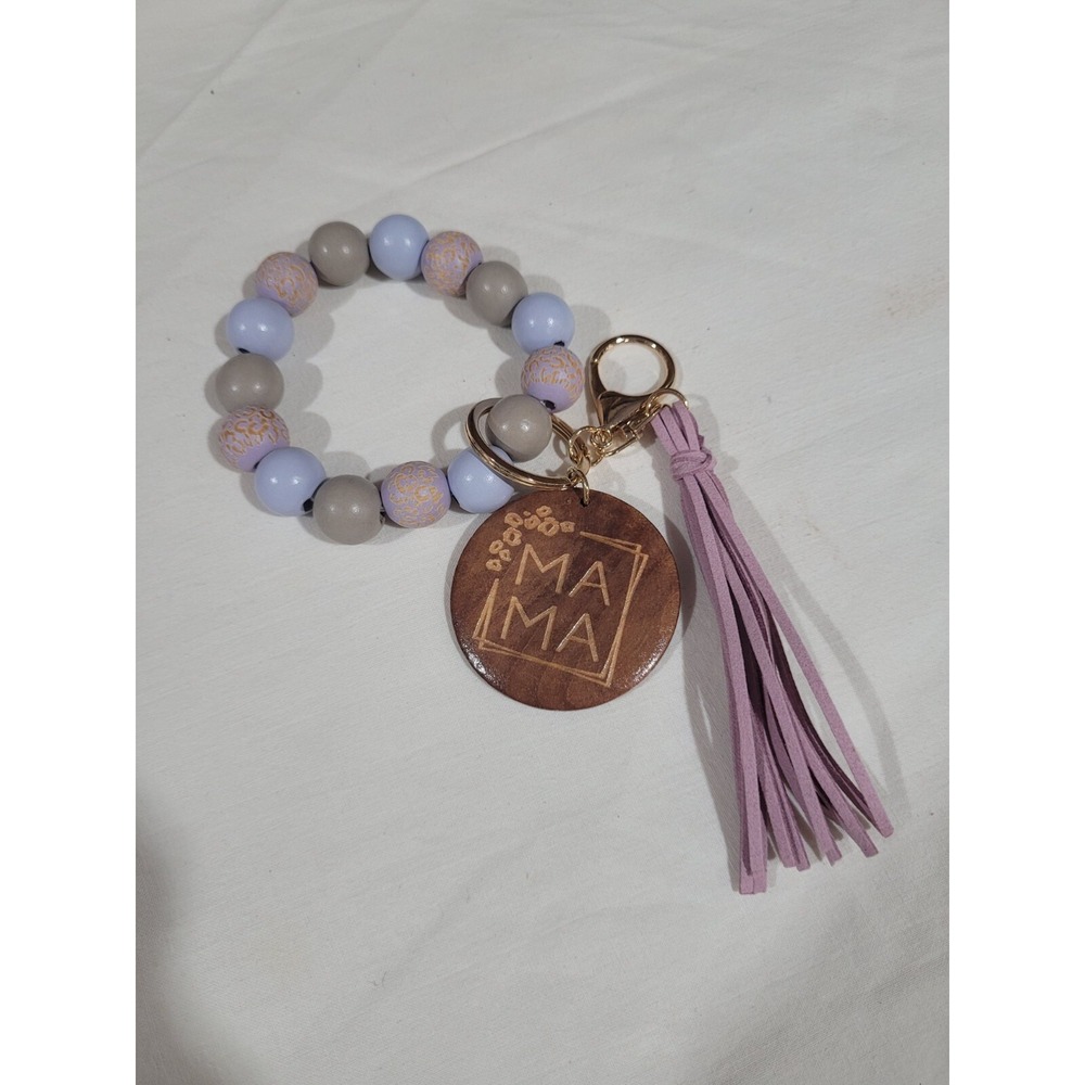 Purple Leopard Wooden Speckled Beaded Bracelet Tassel Bangle MAMA Keychain Gift